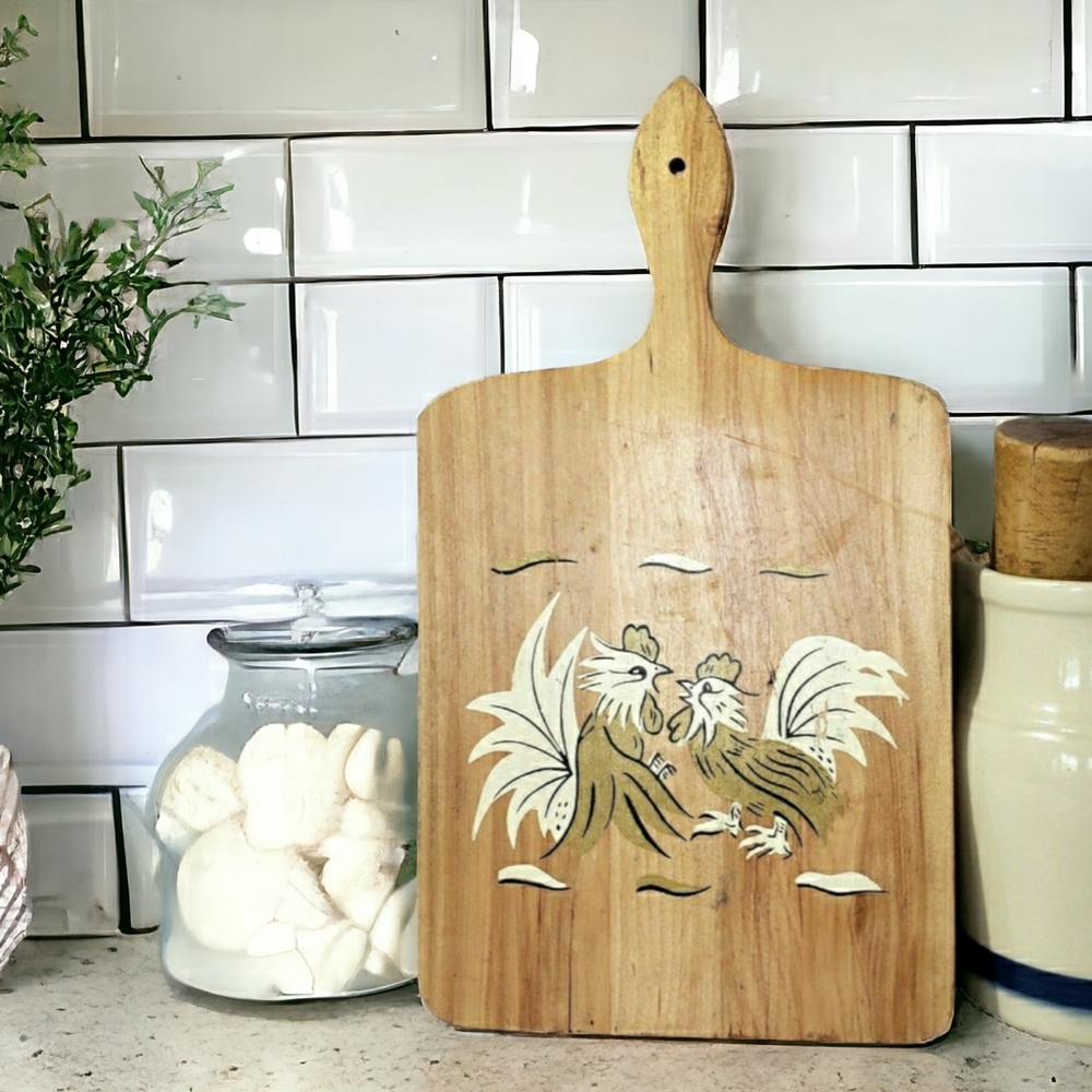 Vintage Kitchen Cutting Board with Fighting Roosters, Chickens on Flip Side